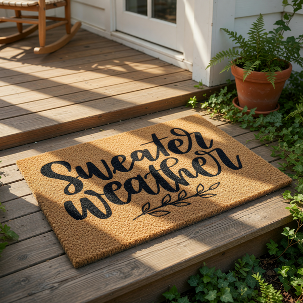 Sweater Weather coir doormat featuring black script text and a leaf branch design on a natural fiber welcome mat, perfect for fall porch decor, autumn home entryways, and seasonal front door floor mats for your house or apartment.