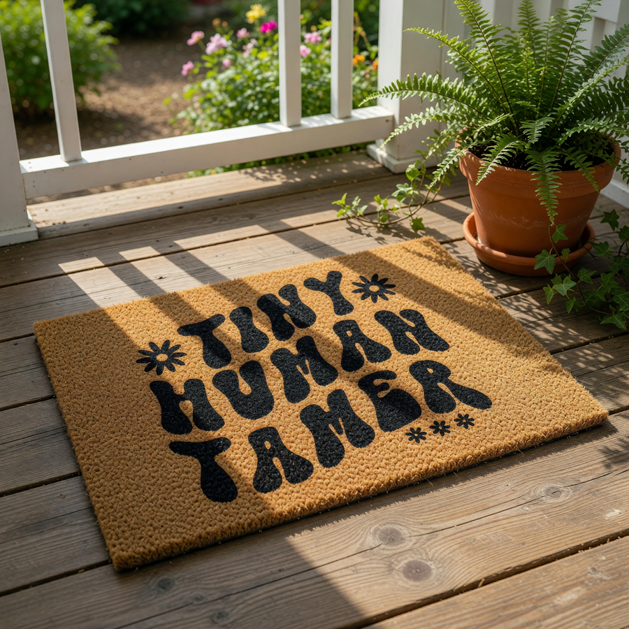 Tiny Human Tamer doormat with retro groovy typography on a natural coir fiber welcome mat, featuring a funny parent quote for the front porch or entryway floor decor that makes a humorous housewarming gift for moms and dads.