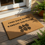 Funny plant lover doormat featuring the text Come Back With A Warrant And Plants with black monstera leaf graphics on a natural coir fiber welcome mat, perfect for a houseplant enthusiast front porch decor or a unique entryway