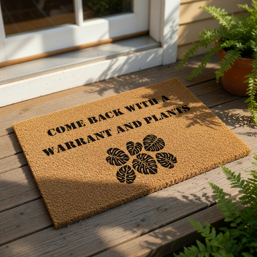 Funny plant lover doormat featuring the text Come Back With A Warrant And Plants with black monstera leaf graphics on a natural coir fiber welcome mat, perfect for a houseplant enthusiast front porch decor or a unique entryway