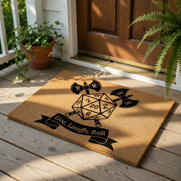 Tabletop gaming doormat featuring a twenty-sided die and crossed battle axes, this natural coir welcome mat is a funny housewarming gift for gamers who love fantasy roleplaying games and tabletop decor for their home entryway.