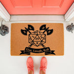 Tabletop gaming doormat featuring a twenty-sided die and crossed battle axes with the text Live, Laugh, Roll, this natural fiber welcome mat is a fun front porch decor piece for any fantasy roleplaying game fan or dungeon master.