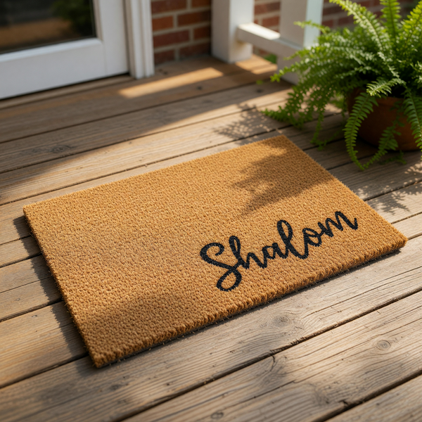 Shalom coir doormat with a natural fiber texture and black script lettering, this durable outdoor welcome mat is a stylish entryway rug for your front porch or home entrance, providing a warm greeting for all your guests and