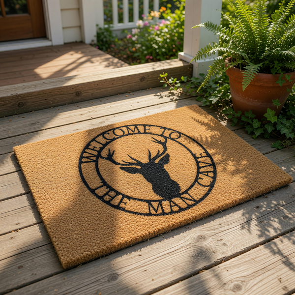 Man cave welcome doormat featuring a black deer silhouette inside a circular frame on a natural fiber rug, placed on a wood porch for a rustic outdoor entrance decor look that is perfect for a cabin or home entryway floor mat.
