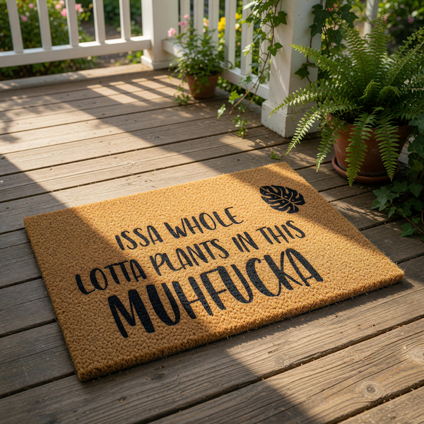 Funny plant lover doormat with bold text reading Issa Whole Lotta Plants In This Muhfucka, featuring a tropical leaf design on a natural coir fiber welcome mat for indoor or outdoor home entryway decor and housewarming floor rug.