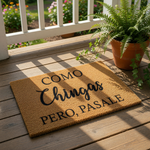 Funny Spanish doormat with black text on natural coir fiber, featuring a humorous welcome mat design for a front porch entry, this durable outdoor rug adds personality to your home decor while greeting guests with a bold, cheeky