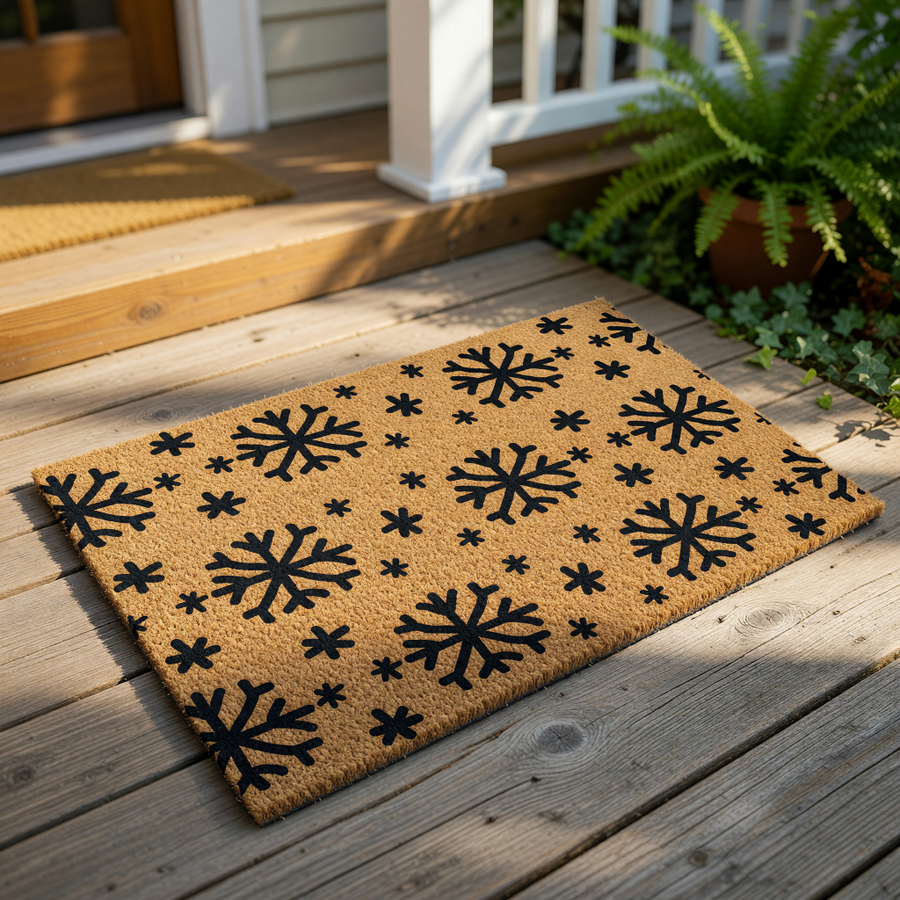 Snowflake pattern doormat featuring a natural coir fiber texture with bold black winter holiday prints, this durable outdoor welcome mat is a festive seasonal floor covering for your front porch entry during the cold winter
