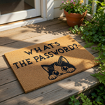 Funny cat doormat with the text What's The Password, featuring a cute kitten illustration on a natural coir welcome mat for front porch decor, perfect for cat lovers seeking a humorous entryway rug for their home or apartment