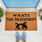 Funny cat doormat with the text What's The Password and a cute kitten illustration, this natural coir welcome mat is a humorous front porch decor piece for cat lovers and makes a unique housewarming entry rug for any home