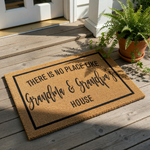 Grandma and Grandpa house doormat featuring natural coir fiber material with a black border and custom typography, perfect for a front porch entryway decor piece that welcomes family and guests to a grandparent home with style.