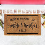 Grandma and Grandpa doormat featuring a natural coir fiber texture with black text that reads There Is No Place Like Grandma and Grandpa's House, making a charming front porch welcome mat for a family home entrance or entryway