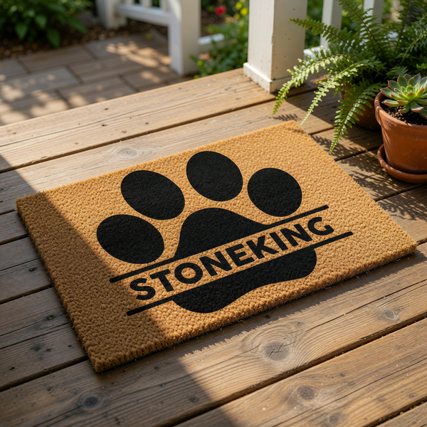Personalized paw print doormat featuring a large black animal paw design on natural coir fiber, perfect as a custom pet lover welcome mat for your front porch entry, home decor, or a unique housewarming gift for dog and cat