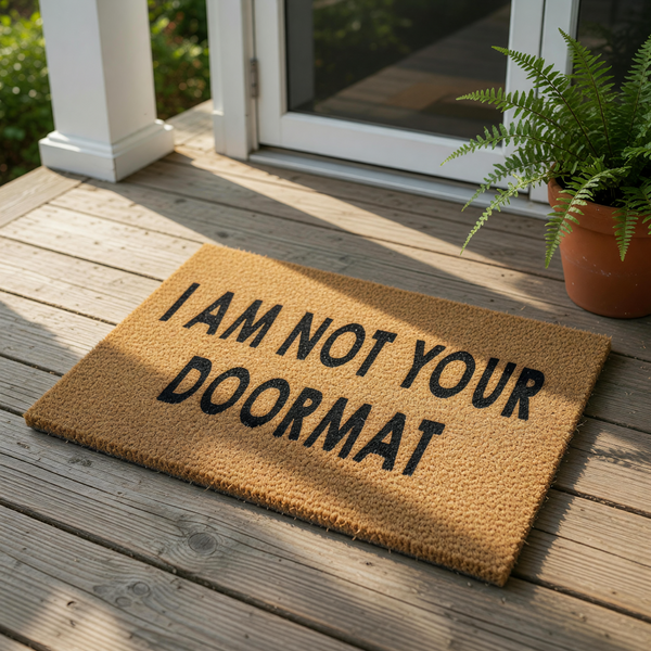 Funny I Am Not Your Doormat coir welcome mat with bold black text on a natural fiber rug, perfect for a sarcastic front porch entry, housewarming decor, or a cheeky outdoor floor mat for your home entrance and entryway floor