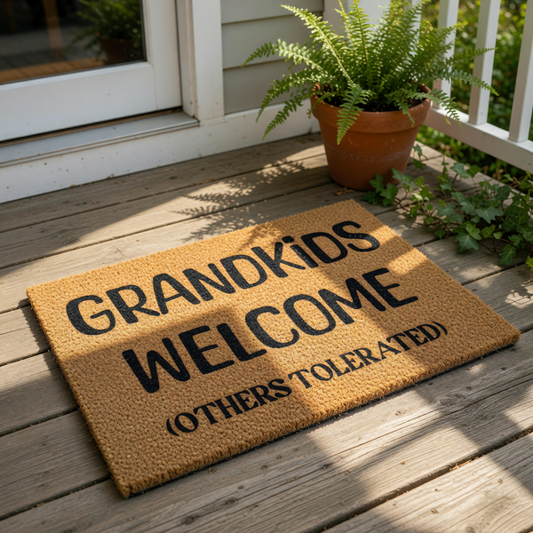 Grandkids Welcome doormat with funny quote for grandparents, featuring bold black text on a natural coir fiber welcome mat, perfect for a front porch entry or home decor for a house with grandchildren and a sense of humor.