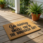 Funny Go Away Unless You Are The Doordash Guy coir doormat, a natural fiber welcome mat for front porch entryways featuring bold black text on a durable brown textured surface for a humorous home decor look that greets delivery
