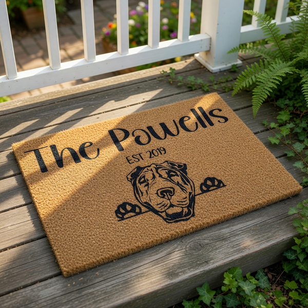 Personalized Shar Pei dog doormat featuring a custom family name and established year on natural coir fiber, perfect as a front porch welcome mat for dog lovers who want a durable, stylish, and unique outdoor entrance floor rug.