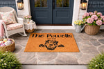 Personalized Shar Pei dog doormat for front porch entry, featuring a custom family name and established year on a durable coir welcome mat, perfect for dog lovers looking for a unique housewarming gift or outdoor home decor.