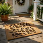 Personalized teacher doormat with pencil design, featuring a custom name on a natural coir welcome mat for classroom entryways, this durable outdoor floor rug makes a thoughtful gift for educators and school staff members.