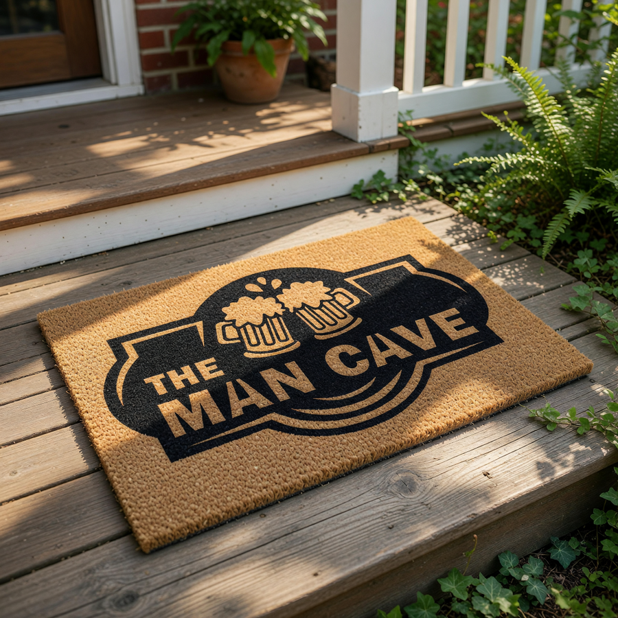 The Man Cave coir doormat features a black printed design of two clinking beer mugs, making this durable natural fiber welcome mat a fun decor choice for a basement, garage, home bar, or any room dedicated to relaxation and beer
