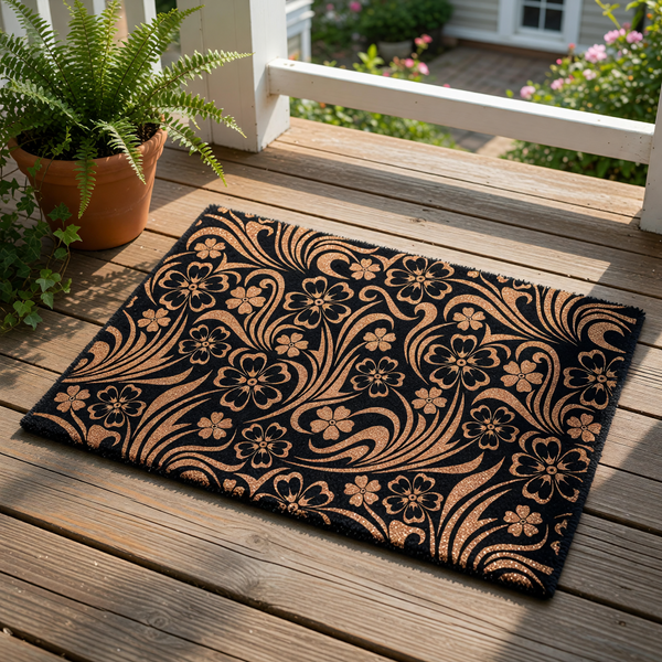 Floral pattern doormat with a black and natural tan design, this stylish outdoor welcome mat features a decorative botanical print on a durable fiber surface, perfect for a front porch, entryway, or patio floor decor setting.