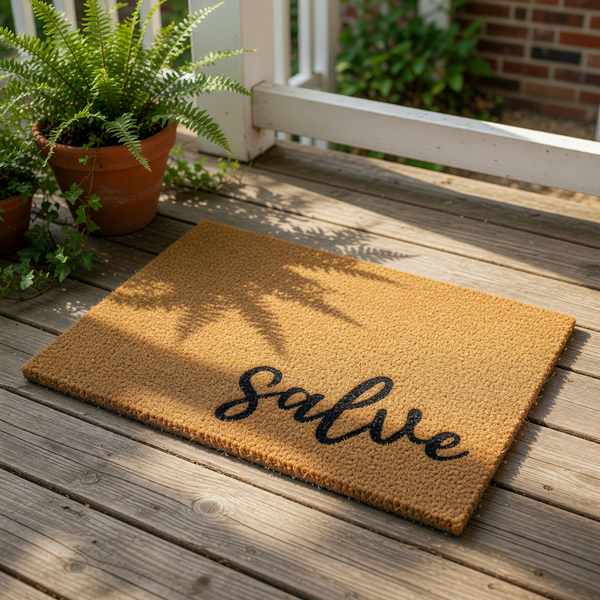 Salve coir doormat for front porch entry, featuring a natural fiber welcome mat with black script text, placed on a rustic wood deck with potted ferns, perfect for a stylish outdoor home entrance and housewarming decor.