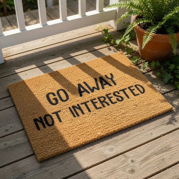 Funny Go Away Not Interested coir doormat with bold black text on a natural brown fiber welcome mat, perfect for a sarcastic front porch entry, housewarming decor, or a humorous outdoor floor rug for your home entrance.