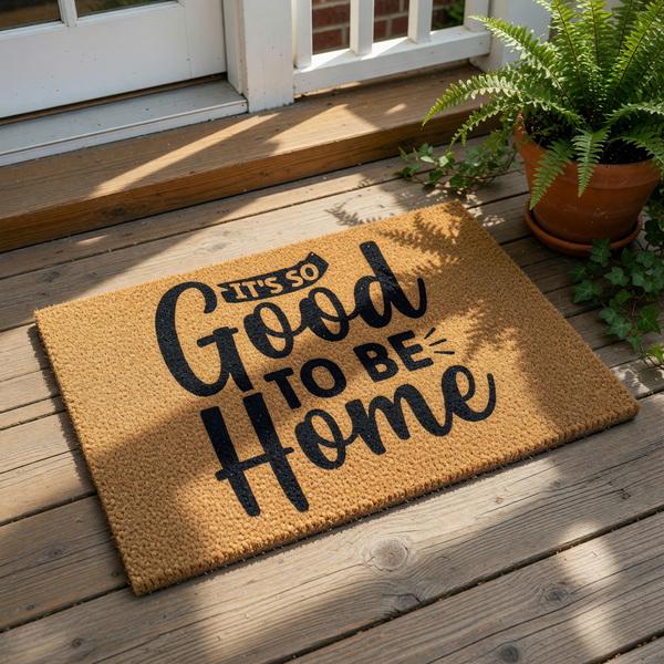 It's So Good To Be Home coir doormat with black text, a natural fiber welcome mat for front porch decor, featuring a durable outdoor rug design that adds a cozy and inviting touch to any entryway or housewarming entrance.