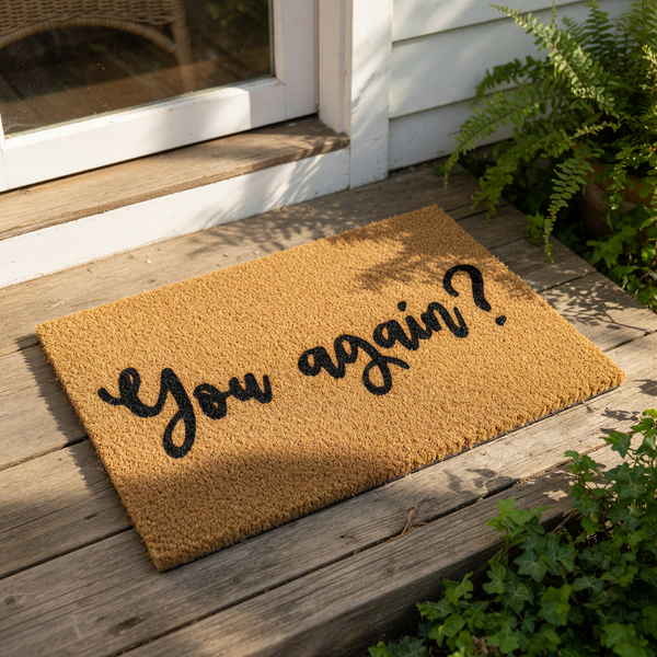 Funny You Again doormat for front porch, a natural coir fiber welcome mat with black script text, perfect for a humorous entryway decor, housewarming gift, or outdoor floor rug for your home entrance on a sunny wood deck.