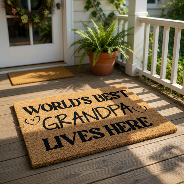 World's Best Grandpa coir doormat for front porch, featuring bold black text and heart icons on a natural fiber welcome mat, a stylish outdoor floor rug for a grandfather home entrance that makes a fun and practical housewarming