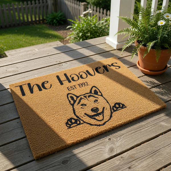 Personalized Shiba Inu dog doormat featuring a custom family name and established year, this natural coir welcome mat makes a durable outdoor floor rug for pet lovers and a unique housewarming entry decor for any home entrance.