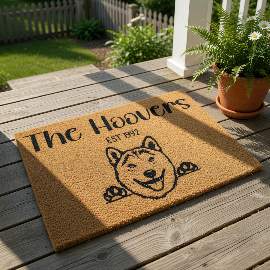 Personalized Shiba Inu dog doormat featuring a custom family name and established year, this natural coir welcome mat makes a durable outdoor floor rug for pet lovers and a unique housewarming entry decor for any home entrance.