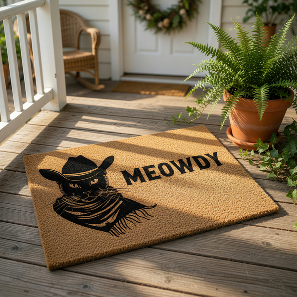 Cowboy cat doormat featuring a black silhouette of a cat wearing a western hat and bandana with the text MEOWDY, this natural coir fiber welcome mat is a funny cat lover home decor piece for your front porch or entryway floor.