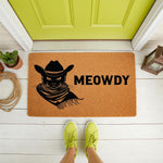 Cat cowboy doormat with a funny western theme featuring a feline in a hat and scarf, this natural coir welcome mat says Meowdy and makes a cute front porch rug for cat lovers who enjoy rustic home decor and unique entryway floor