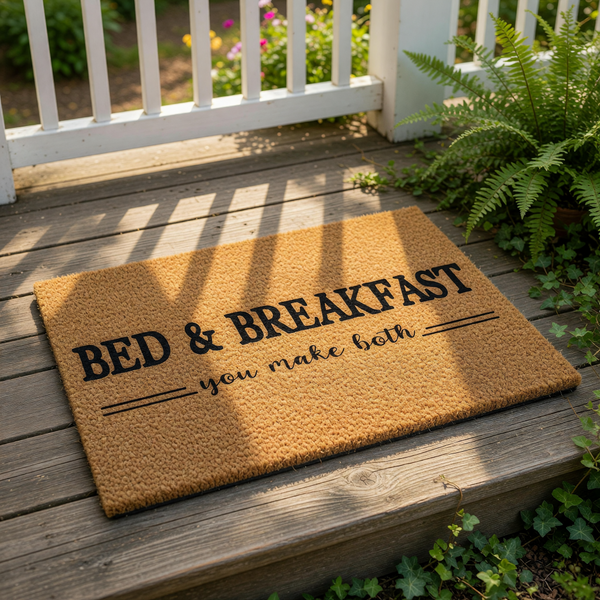 Funny Bed and Breakfast doormat with the text you make both, featuring a natural coir fiber welcome mat design that is perfect for a front porch, entryway, or housewarming decor for a home with a sense of humor and style.