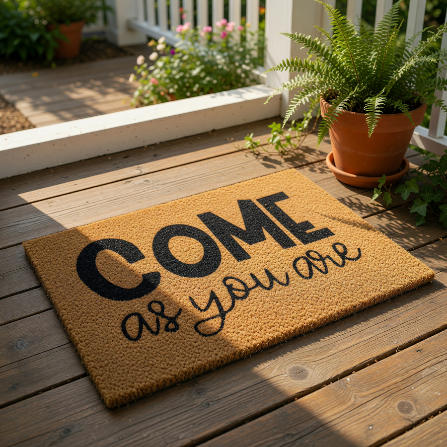 Come As You Are coir doormat with bold black typography on a natural fiber welcome mat, perfect for a front porch entry, housewarming gift, or modern home decor floor rug that adds a welcoming touch to any entryway or apartment