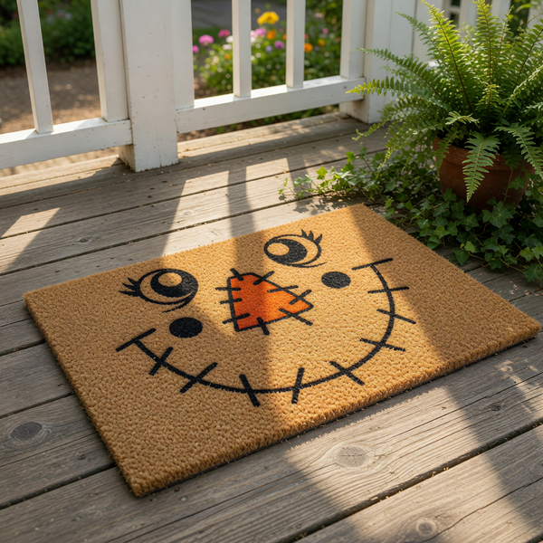 Scarecrow face doormat for fall porch decor, featuring a natural coir welcome mat with a stitched orange nose and smiling mouth design, perfect for autumn home entryways and seasonal outdoor floor mats on a wood deck.