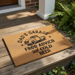 Dad's Garage doormat featuring a vintage truck illustration, this funny coir welcome mat for men makes a great garage decor sign or man cave floor rug for a father who enjoys cold beer and giving free advice to friends and family.