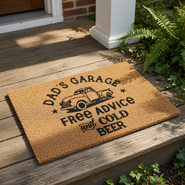 Dad's Garage doormat featuring a vintage truck illustration, this funny coir welcome mat for men makes a great garage decor sign or man cave floor rug for a father who enjoys cold beer and giving free advice to friends and family.