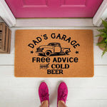 Dad's Garage doormat with a vintage truck design, featuring the text Free Advice and Cold Beer on a natural coir welcome mat, perfect for a front porch or garage entrance for a father who loves beer and classic truck decor.