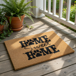Home Sweet Home dog paw print doormat made of natural coir fiber, featuring a cute pet-themed design for your front porch entry, this durable outdoor welcome mat is a fun housewarming decor piece for any dog lover or pet owner