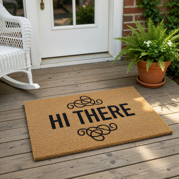 Hi There coir doormat with black text and decorative swirls, this natural fiber welcome mat is a stylish front porch rug for home entryways, providing a durable and functional floor covering for your house entrance or apartment