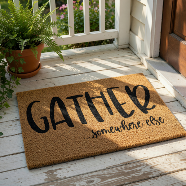 Funny Gather Somewhere Else coir doormat with bold black typography on a natural fiber welcome mat, perfect for a humorous front porch entry, housewarming decor, or a sarcastic outdoor floor rug for your home entrance.