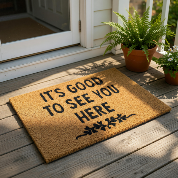 It's Good To See You Here coir doormat with a natural fiber texture and black printed text, featuring a decorative floral flourish design for a welcoming front porch entrance or housewarming decor for your home entryway floor mat.
