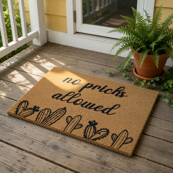 Funny cactus doormat with the text no pricks allowed, featuring a natural coir fiber texture and black ink design of various desert plants, this humorous welcome mat is a perfect front porch decor piece for any home entrance.