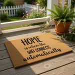 Funny Home Is Where The Wifi Connects Automatically doormat, a natural coir fiber welcome mat with black text for a modern house entry, perfect for tech lovers and housewarming decor, durable outdoor floor rug for your front