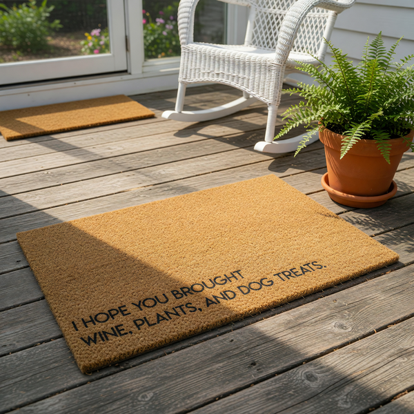 Funny coir doormat for front porch featuring the text I hope you brought wine, plants, and dog treats, this natural fiber welcome mat is a durable outdoor floor rug for pet lovers and plant enthusiasts on a rustic wood deck.
