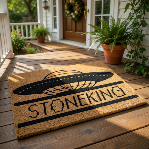 Personalized UFO doormat featuring a black flying saucer graphic on a natural coir welcome mat, perfect for sci-fi fans looking for a custom outdoor entrance rug or a unique housewarming gift for a space-themed home entryway.