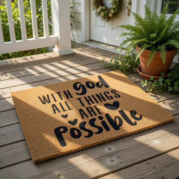 Religious quote doormat featuring the text With God All Things Are Possible in black lettering on a natural coir fiber welcome mat, creating a stylish front porch decor piece for your home entrance or a housewarming entryway rug.