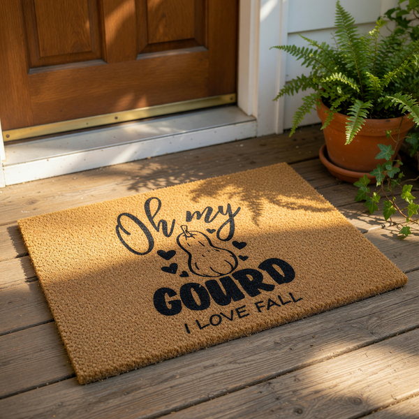 Oh My Gourd I Love Fall doormat featuring a pumpkin design on natural coir fiber, perfect for autumn porch decor.