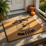 Funny Thanksgiving doormat featuring a turkey wearing a pilgrim hat and the text Leftovers Are For Quitters, this natural coir fiber welcome mat is a humorous outdoor floor rug for the fall holiday season and home entryway decor.